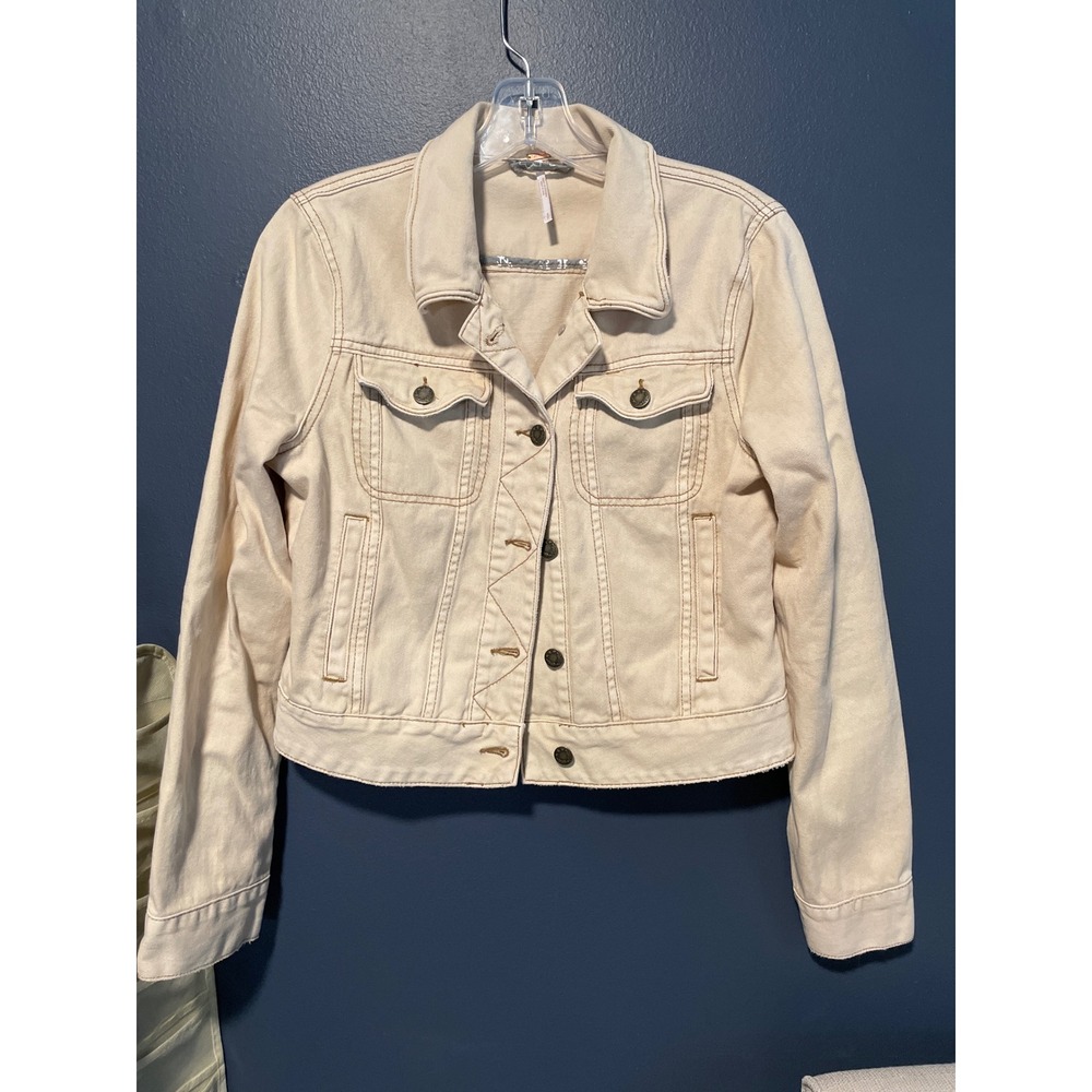 Free People Cream Denim Jacket Women's S/P Trucker Contrast Stitching
